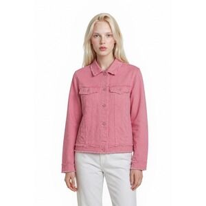 Vecceli Italy Trucker Jacket Blazer  Women's Size XL Pink Linen Cotton Fringe